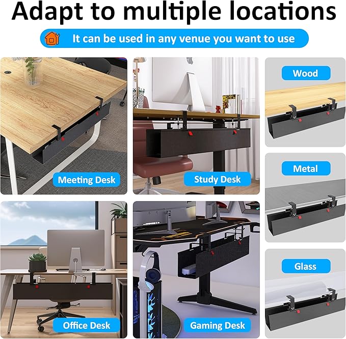 Under Desk Cable Management Tray - Under Desk Cord Management - Clamp/Screw Mount - Fabric Wire Management - Cable Raceways Tray Cord Hiders for Office/Home (Black, 35.8"×5.6") | Cable Raceways - TrueDesk