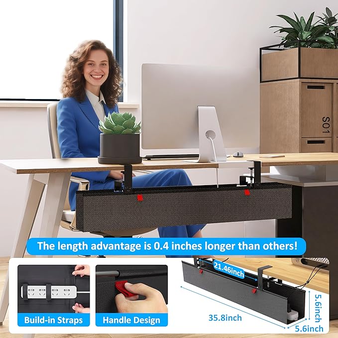 Under Desk Cable Management Tray - Under Desk Cord Management - Clamp/Screw Mount - Fabric Wire Management - Cable Raceways Tray Cord Hiders for Office/Home (Black, 35.8"×5.6") | Cable Raceways - TrueDesk