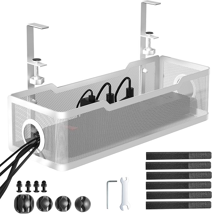 Under Desk Cable Management Tray White, Cinati Wire Organizers No Drill, Cable Tray with Clamp for Wire Management, Cord Organization Box for Office, Home - No Damage to Desk | Cable Raceways - TrueDesk