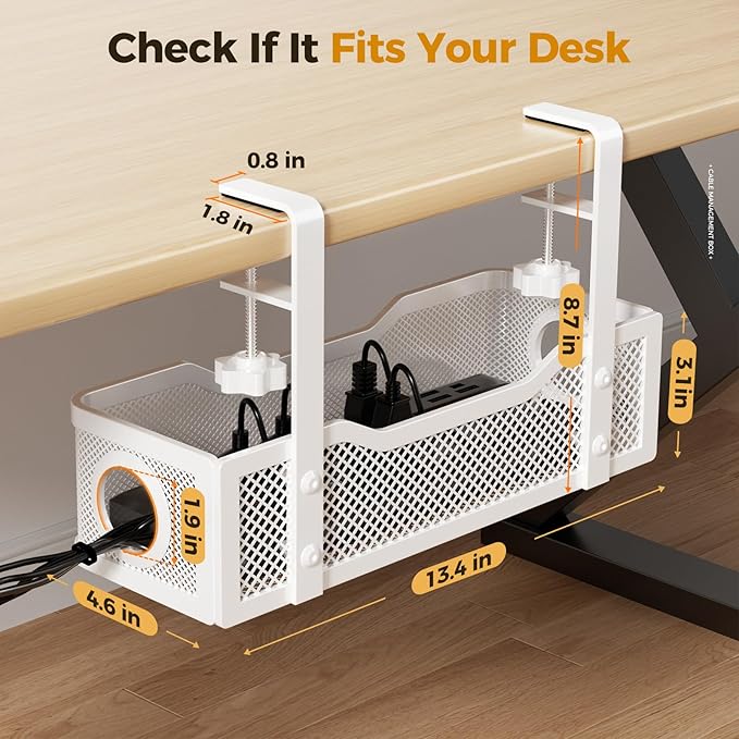 Under Desk Cable Management Tray White, Cinati Wire Organizers No Drill, Cable Tray with Clamp for Wire Management, Cord Organization Box for Office, Home - No Damage to Desk | Cable Raceways - TrueDesk