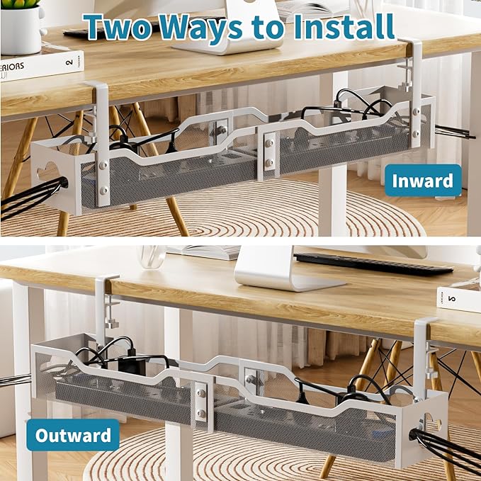 Under Desk Cable Management Tray White, Litwaro Cable Management Under Desk No Drill, 25'' Cable Tray with Clamp for Wire Management, Cord Organizer for Office, Home - No Damage to Table | Cable Raceways - TrueDesk