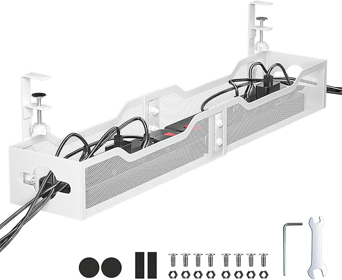 Under Desk Cable Management Tray White, Litwaro Cable Management Under Desk No Drill, 25'' Cable Tray with Clamp for Wire Management, Cord Organizer for Office, Home - No Damage to Table | Cable Raceways - TrueDesk
