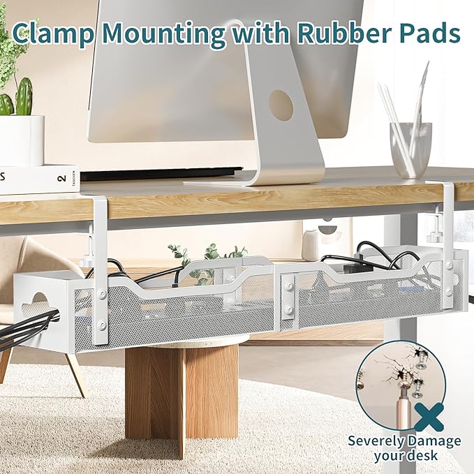 Under Desk Cable Management Tray White, Litwaro Cable Management Under Desk No Drill, 25'' Cable Tray with Clamp for Wire Management, Cord Organizer for Office, Home - No Damage to Table | Cable Raceways - TrueDesk
