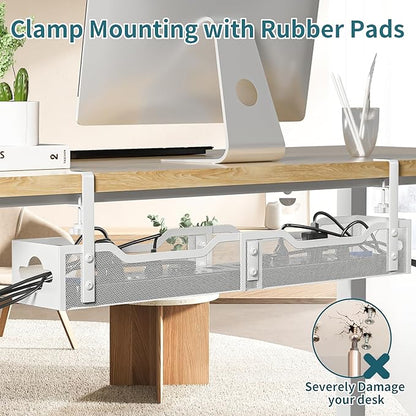 Under Desk Cable Management Tray White, Litwaro Cable Management Under Desk No Drill, 25'' Cable Tray with Clamp for Wire Management, Cord Organizer for Office, Home - No Damage to Table | Cable Raceways - TrueDesk