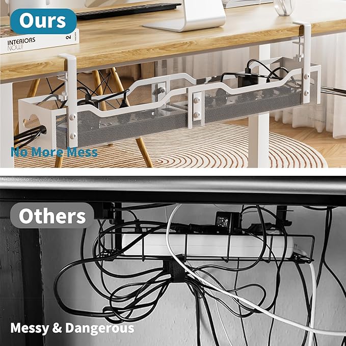 Under Desk Cable Management Tray White, Litwaro Cable Management Under Desk No Drill, 25'' Cable Tray with Clamp for Wire Management, Cord Organizer for Office, Home - No Damage to Table | Cable Raceways - TrueDesk