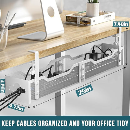 Under Desk Cable Management Tray White, Litwaro Cable Management Under Desk No Drill, 25'' Cable Tray with Clamp for Wire Management, Cord Organizer for Office, Home - No Damage to Table | Cable Raceways - TrueDesk