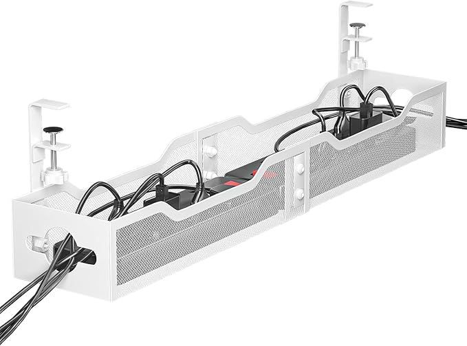 Under Desk Cable Management Tray White, Litwaro Cable Management Under Desk No Drill, 25'' Cable Tray with Clamp for Wire Management, Cord Organizer for Office, Home - No Damage to Table | Cable Raceways - TrueDesk