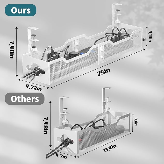 Under Desk Cable Management Tray White, Litwaro Cable Management Under Desk No Drill, 25'' Cable Tray with Clamp for Wire Management, Cord Organizer for Office, Home - No Damage to Table | Cable Raceways - TrueDesk