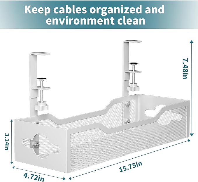 Under Desk Cable Management Tray White, Litwaro Cable Management Under Desk No Drill, Cable Organizer with Clamp for Wire Management, Cord Organizer for Office, Home No Damage to Desk | Cable Raceways - TrueDesk
