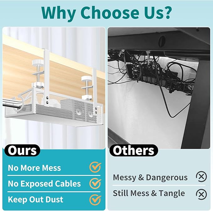 Under Desk Cable Management Tray White, No Drill Desk Cable Management Organizer with Clamp for Desk Wire Management, PC Cord Organizer Accessories & Workspace Organizers for Office, Home | Cable Raceways - TrueDesk