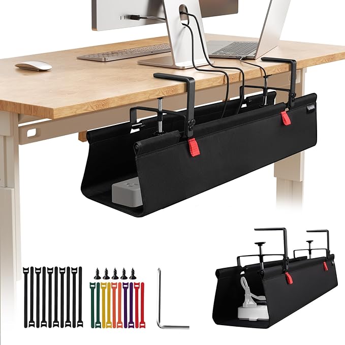 Under Desk Cable Management Tray with Clamp, No Drill 28" Cord Organizer for Desk, Desk Cable Management Fabric Tray for Standing Desks, Ideal for Home & Office - Black | Racks Cabinets - TrueDesk
