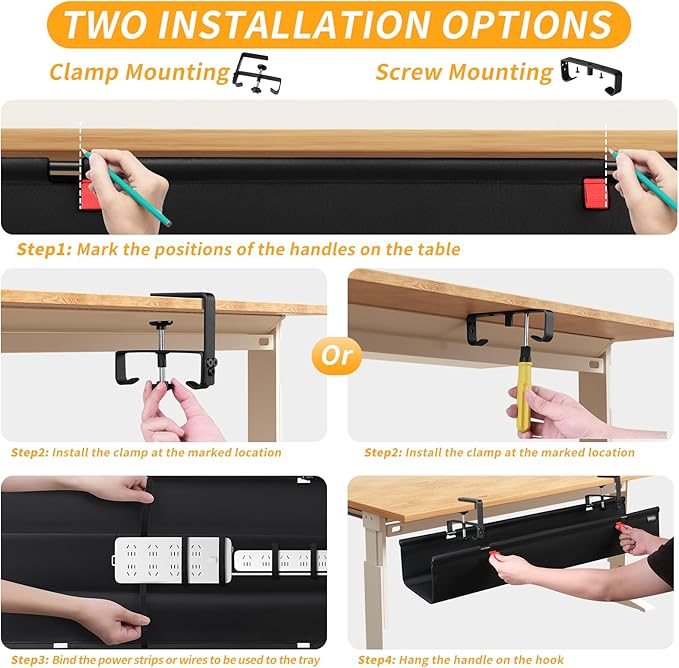 Under Desk Cable Management Tray with Clamp, No Drill 36" Cord Organizer for Desk, Desk Cable Management Fabric Tray for Standing Desks, Ideal for Home & Office - Black | Racks Cabinets - TrueDesk