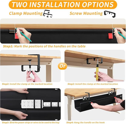 Under Desk Cable Management Tray with Clamp, No Drill 36" Cord Organizer for Desk, Desk Cable Management Fabric Tray for Standing Desks, Ideal for Home & Office - Black | Racks Cabinets - TrueDesk