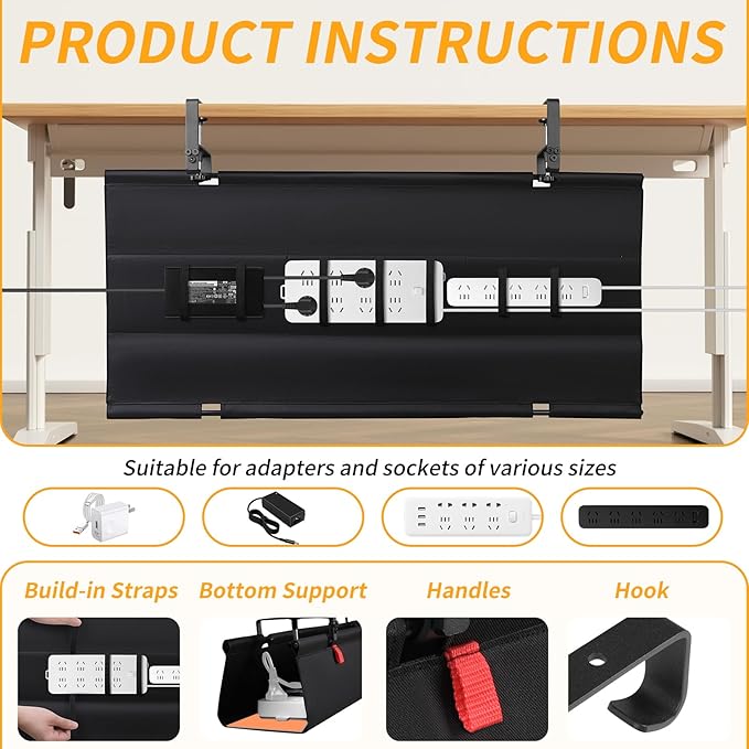 Under Desk Cable Management Tray with Clamp, No Drill 36" Cord Organizer for Desk, Desk Cable Management Fabric Tray for Standing Desks, Ideal for Home & Office - Black | Racks Cabinets - TrueDesk