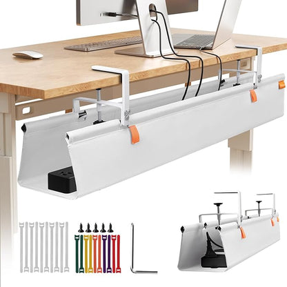 Under Desk Cable Management Tray with Clamp, No Drill 48" Cord Organizer for Desk, Desk Cable Management Fabric Tray for Standing Desks, Ideal for Home & Office - White | Racks Cabinets - TrueDesk