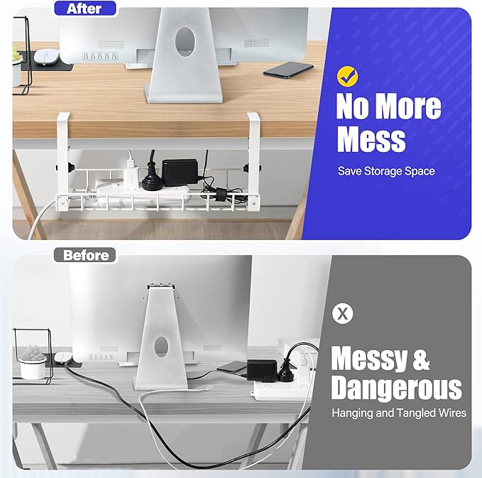 Under Desk Cable Management Tray, Xpatee Upgraded Wire Management No Drill No Screws, Cable Tray with Clamp for Wire Organizers, Computer Cord Rack for Office, Home - No Damage to Desk White | Cable Raceways - TrueDesk