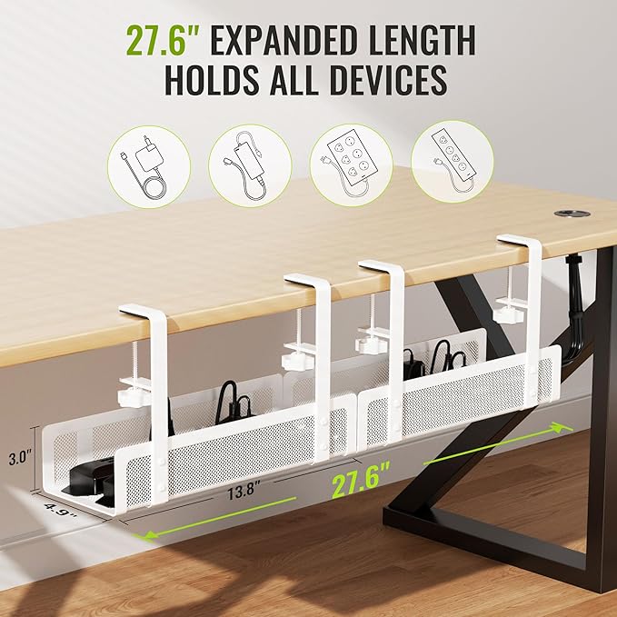 [Upgraded] 2 Pack Cable Management Under Desk Tray, Xpatee 27.6" No Drill Open Slots Cable Management Tray, Cord Wire Organizer Box with Clamp for Table Thickness up to 3" - No Desk Damage(White) | Cable Raceways - TrueDesk