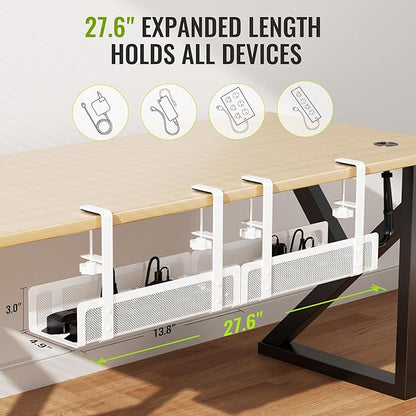 [Upgraded] 2 Pack Cable Management Under Desk Tray, Xpatee 27.6" No Drill Open Slots Cable Management Tray, Cord Wire Organizer Box with Clamp for Table Thickness up to 3" - No Desk Damage(White) | Cable Raceways - TrueDesk