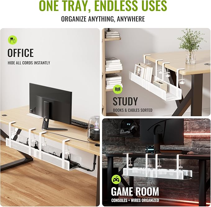 [Upgraded] 2 Pack Cable Management Under Desk Tray, Xpatee 27.6" No Drill Open Slots Cable Management Tray, Cord Wire Organizer Box with Clamp for Table Thickness up to 3" - No Desk Damage(White) | Cable Raceways - TrueDesk