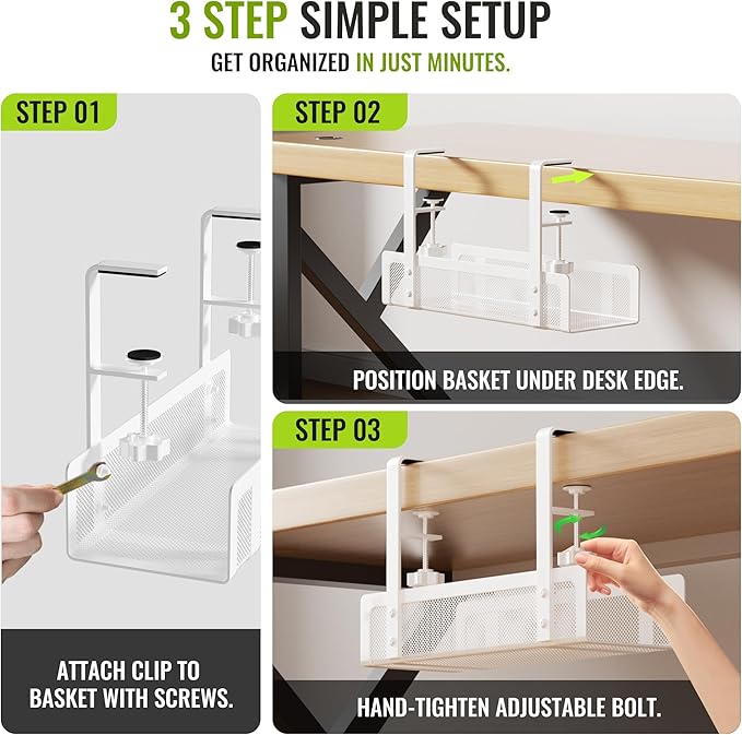 [Upgraded] 2 Pack Cable Management Under Desk Tray, Xpatee 27.6" No Drill Open Slots Cable Management Tray, Cord Wire Organizer Box with Clamp for Table Thickness up to 3" - No Desk Damage(White) | Cable Raceways - TrueDesk