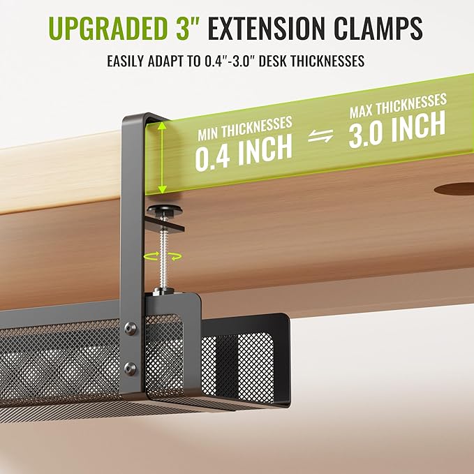 [Upgraded] 2 Pack Cable Management Under Desk Tray, Xpatee 27.6" No Drill Open Slots Cable Management Tray, Cord Wire Organizer Box with Clamp for Table Thickness up to 3" - No Desk Damage(Black) | Cable Raceways - TrueDesk