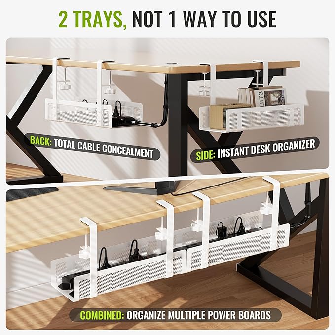 [Upgraded] 2 Pack Cable Management Under Desk Tray, Xpatee 27.6" No Drill Open Slots Cable Management Tray, Cord Wire Organizer Box with Clamp for Table Thickness up to 3" - No Desk Damage(White) | Cable Raceways - TrueDesk