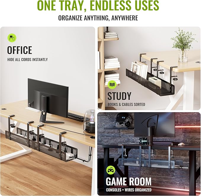 [Upgraded] 2 Pack Cable Management Under Desk Tray, Xpatee 27.6" No Drill Open Slots Cable Management Tray, Cord Wire Organizer Box with Clamp for Table Thickness up to 3" - No Desk Damage(Black) | Cable Raceways - TrueDesk