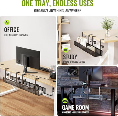[Upgraded] 2 Pack Cable Management Under Desk Tray, Xpatee 27.6" No Drill Open Slots Cable Management Tray, Cord Wire Organizer Box with Clamp for Table Thickness up to 3" - No Desk Damage(Black) | Cable Raceways - TrueDesk