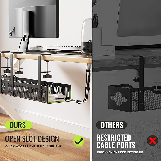 [Upgraded] 2 Pack Cable Management Under Desk Tray, Xpatee 27.6" No Drill Open Slots Cable Management Tray, Cord Wire Organizer Box with Clamp for Table Thickness up to 3" - No Desk Damage(Black) | Cable Raceways - TrueDesk