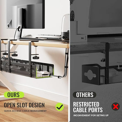 [Upgraded] 2 Pack Cable Management Under Desk Tray, Xpatee 27.6" No Drill Open Slots Cable Management Tray, Cord Wire Organizer Box with Clamp for Table Thickness up to 3" - No Desk Damage(Black) | Cable Raceways - TrueDesk