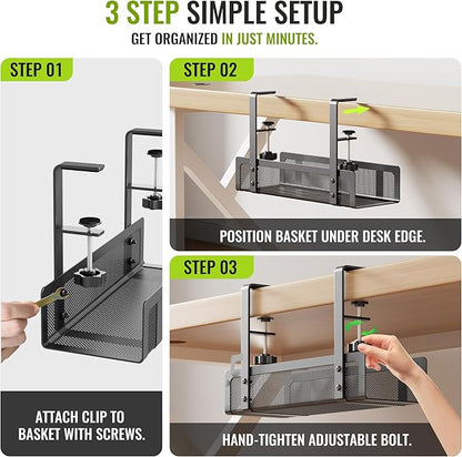 [Upgraded] 2 Pack Cable Management Under Desk Tray, Xpatee 27.6" No Drill Open Slots Cable Management Tray, Cord Wire Organizer Box with Clamp for Table Thickness up to 3" - No Desk Damage(Black) | Cable Raceways - TrueDesk
