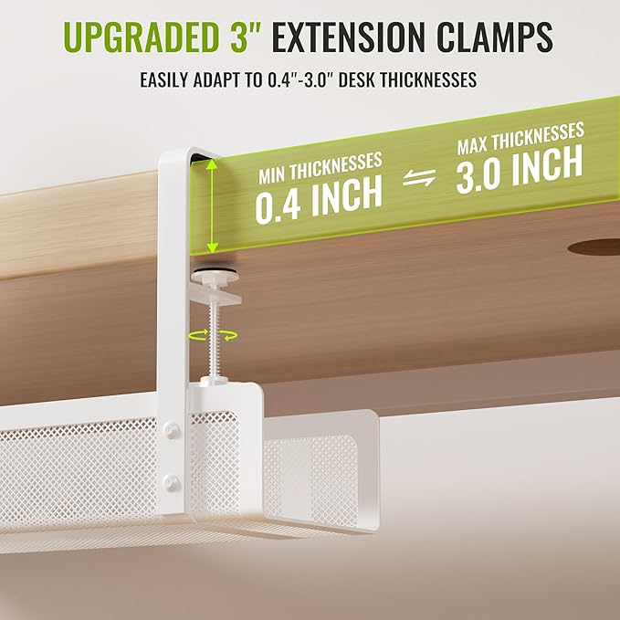 [Upgraded] 2 Pack Cable Management Under Desk Tray, Xpatee 27.6" No Drill Open Slots Cable Management Tray, Cord Wire Organizer Box with Clamp for Table Thickness up to 3" - No Desk Damage(White) | Cable Raceways - TrueDesk