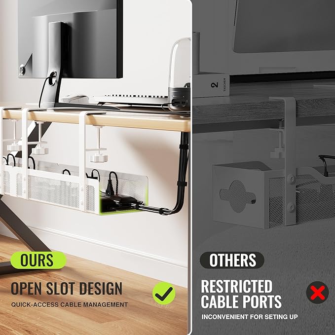 [Upgraded] 2 Pack Cable Management Under Desk Tray, Xpatee 27.6" No Drill Open Slots Cable Management Tray, Cord Wire Organizer Box with Clamp for Table Thickness up to 3" - No Desk Damage(White) | Cable Raceways - TrueDesk