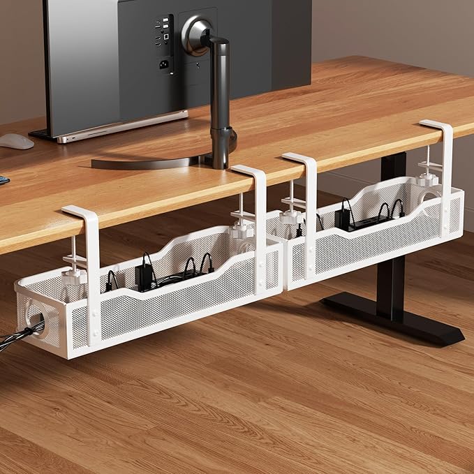 [Upgraded] 2 Pack Under Desk Cable Management Tray, Cinati Cord Organizers for Table Thickness up to 3", 16" Wire Organization with Clamp No Drill, Cable Management Box for Office - No Damage to Desk | Cable Raceways - TrueDesk
