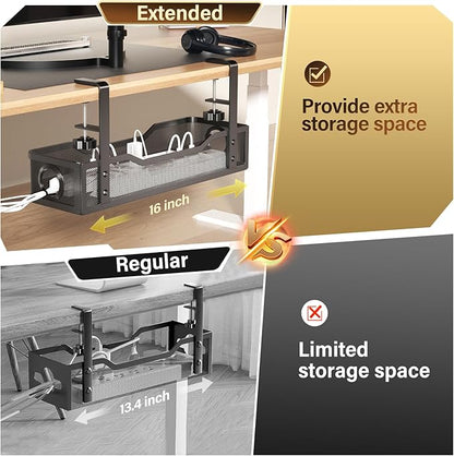[Upgraded] 2 Pack Under Desk Cable Management Tray, Cinati Cord Organizers for Table Thickness up to 3", 16" Wire Organization with Clamp No Drill, Cable Management Box for Office - No Damage to Desk | Cable Raceways - TrueDesk