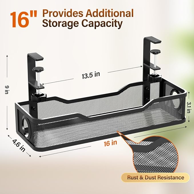[Upgraded] 2 Pack Under Desk Cable Management Tray, Cinati Cord Organizers for Table Thickness up to 3", 16" Wire Organization with Clamp No Drill, Cable Management Box for Office - No Damage to Desk | Cable Raceways - TrueDesk
