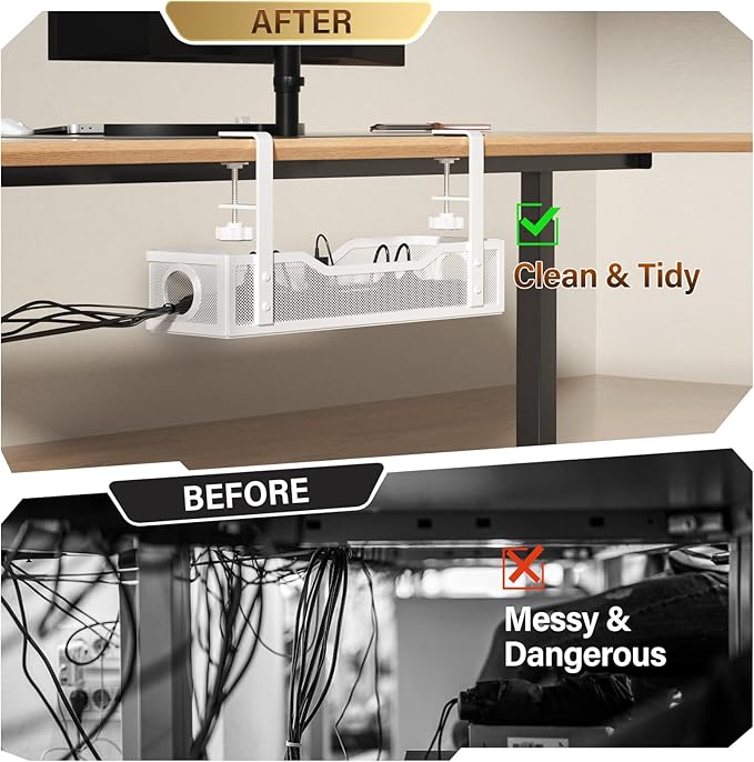 [Upgraded] 2 Pack Under Desk Cable Management Tray, Cinati Cord Organizers for Table Thickness up to 3", 16" Wire Organization with Clamp No Drill, Cable Management Box for Office - No Damage to Desk | Cable Raceways - TrueDesk