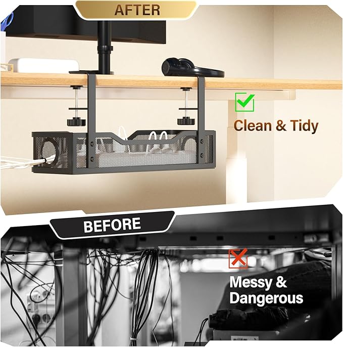 [Upgraded] 2 Pack Under Desk Cable Management Tray, Cinati Cord Organizers for Table Thickness up to 3", 16" Wire Organization with Clamp No Drill, Cable Management Box for Office - No Damage to Desk | Cable Raceways - TrueDesk