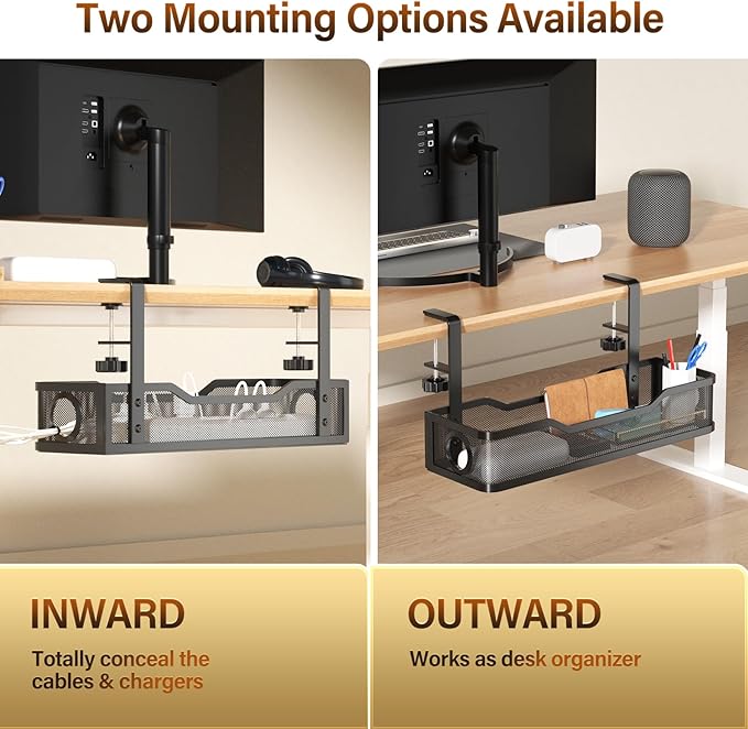 [Upgraded] 2 Pack Under Desk Cable Management Tray, Cinati Cord Organizers for Table Thickness up to 3", 16" Wire Organization with Clamp No Drill, Cable Management Box for Office - No Damage to Desk | Cable Raceways - TrueDesk