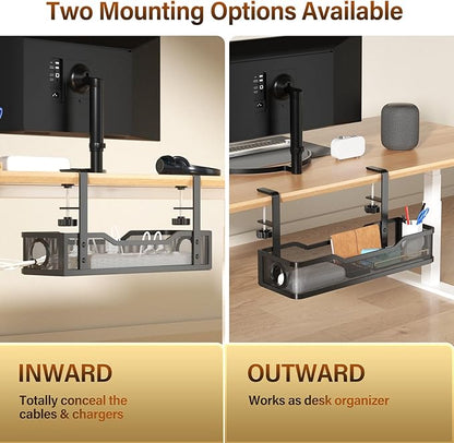 [Upgraded] 2 Pack Under Desk Cable Management Tray, Cinati Cord Organizers for Table Thickness up to 3", 16" Wire Organization with Clamp No Drill, Cable Management Box for Office - No Damage to Desk | Cable Raceways - TrueDesk