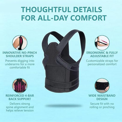 Upgraded Back Brace Posture Corrector, Adjustable Support for Men & Women, Full Back Straightener for Upper & Lower Back Pain Relief, Hunchback, Scoliosis Hunchback Spine Corrector(L) | Back Braces - TrueDesk