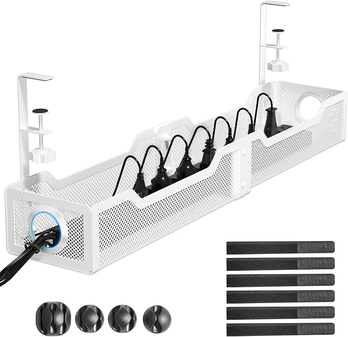 [Upgraded] Extra Large Under Desk Cable Management, Cinati 25" Wire Organizers No Drill, Cable Tray with Clamp for Wire Management, Cord Organization Box for Office, Home - No Damage to Desk(White) | Cable Raceways - TrueDesk