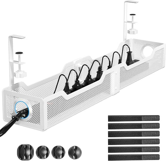 [Upgraded] Extra Large Under Desk Cable Management, Cinati 25" Wire Organizers No Drill, Cable Tray with Clamp for Wire Management, Cord Organization Box for Office, Home - No Damage to Desk(White) | Cable Raceways - TrueDesk