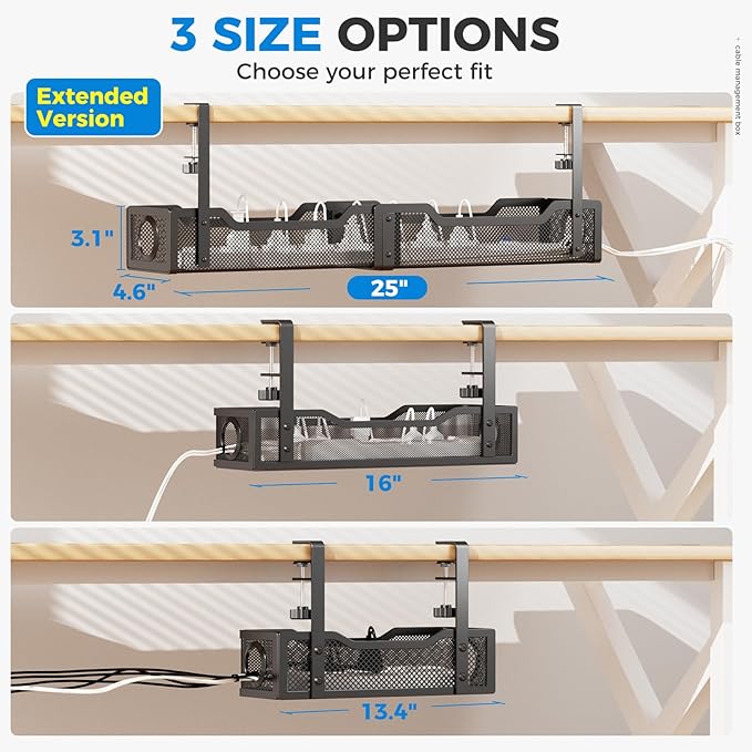 [Upgraded] Extra Large Under Desk Cable Management, Cinati 25" Wire Organizers No Drill, Cable Tray with Clamp for Wire Management, Cord Organization Box for Office, Home - No Damage to Desk(Black) | Cable Raceways - TrueDesk