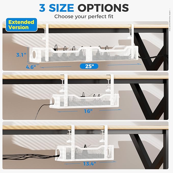 [Upgraded] Extra Large Under Desk Cable Management, Cinati 25" Wire Organizers No Drill, Cable Tray with Clamp for Wire Management, Cord Organization Box for Office, Home - No Damage to Desk(White) | Cable Raceways - TrueDesk