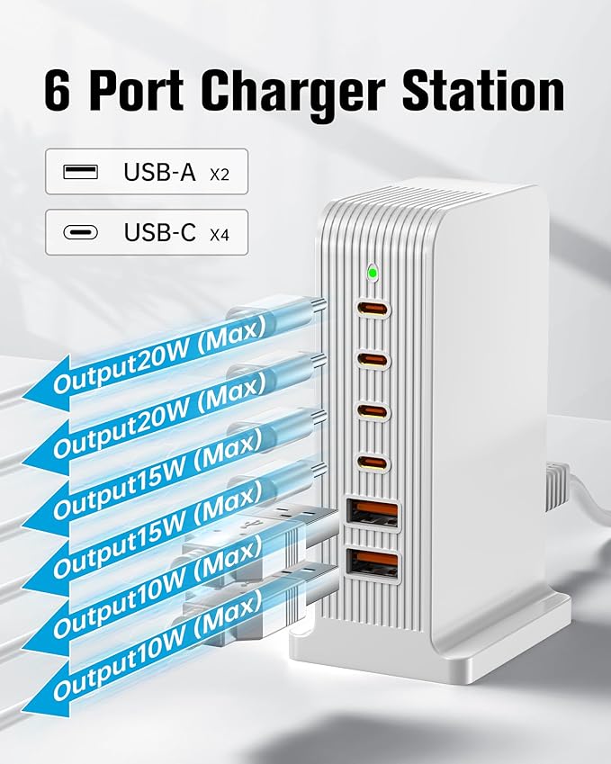 USB C Charger - USB Charging Station, Multiport USB Charging Station, 6 Port USB Hub Charger Tower for iPhone 15/14/13/12, iPad, Samsung Galaxy, Google Pixel,HTC, and Multiple Devices (White) | Charging Stations - TrueDesk