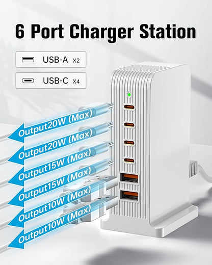 USB C Charger - USB Charging Station, Multiport USB Charging Station, 6 Port USB Hub Charger Tower for iPhone 15/14/13/12, iPad, Samsung Galaxy, Google Pixel,HTC, and Multiple Devices (White) | Charging Stations - TrueDesk