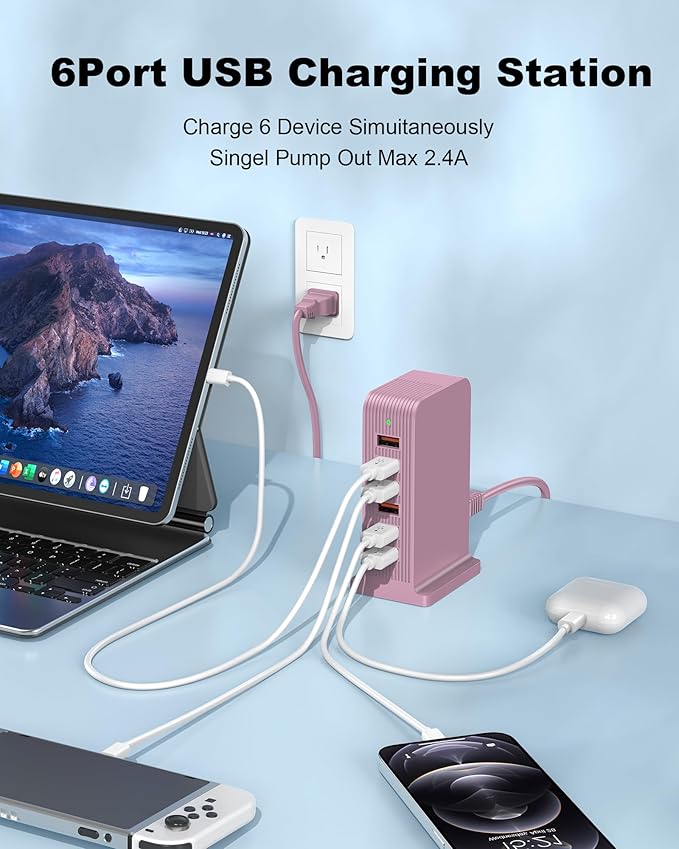 USB C Charging Station - USB Charging Hub,6 Port USB Charger Tower for iPhone 15/14/13/12, iPad, Samsung Galaxy, Google Pixel,HTC, and Multiple Devices (pink - 50W) | Charging Stations - TrueDesk