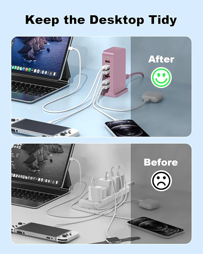 USB C Charging Station - USB Charging Hub,6 Port USB Charger Tower for iPhone 15/14/13/12, iPad, Samsung Galaxy, Google Pixel,HTC, and Multiple Devices (pink - 50W) | Charging Stations - TrueDesk