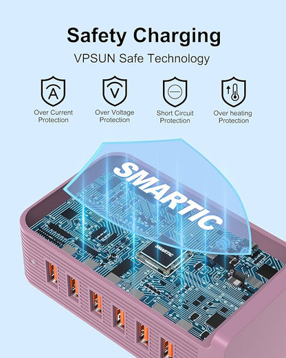USB C Charging Station - USB Charging Hub,6 Port USB Charger Tower for iPhone 15/14/13/12, iPad, Samsung Galaxy, Google Pixel,HTC, and Multiple Devices (pink - 50W) | Charging Stations - TrueDesk